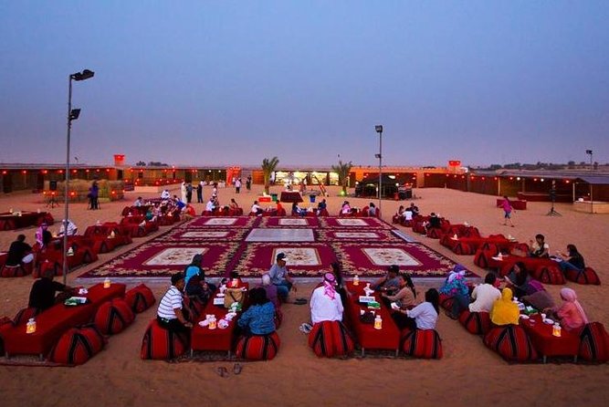 Dinner in Dubai Desert with Camel Ride, BBQ Dinner and Belly Dance - Lahbab camp arrival: tea, sweets, and desert-photo time