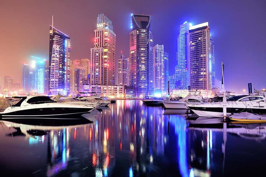 Dubai by Night City Tour with Fountain Show - Dubai Marina and the yacht-filled waterfront views