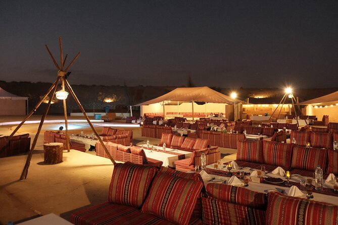 Dubai Desert Camp Dinner with BBQ, Dinner, Camel Ride & Shows - Cushions, Comfort, and Crowd Size (Max 300)