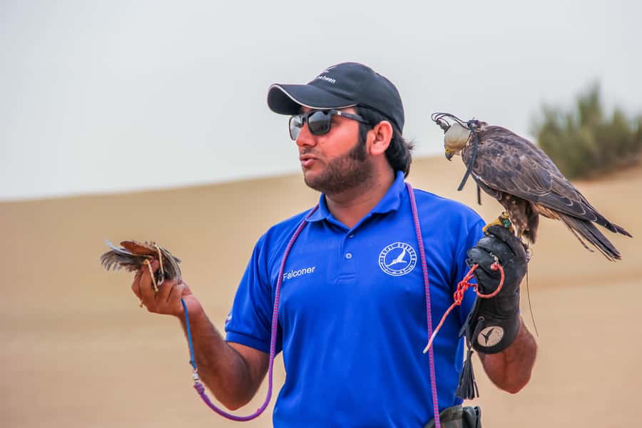 Dubai Desert Safari, Quad Biking, Camel Ride, & Sandboarding - Falcon for photo, plus the little extras that add up