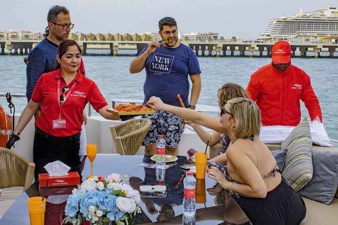 Dubai Harbour Super Yacht Experience with gourmet & Drinks - DJ Party Cruise vs Calm Sunset: Choosing the Right Time Slot