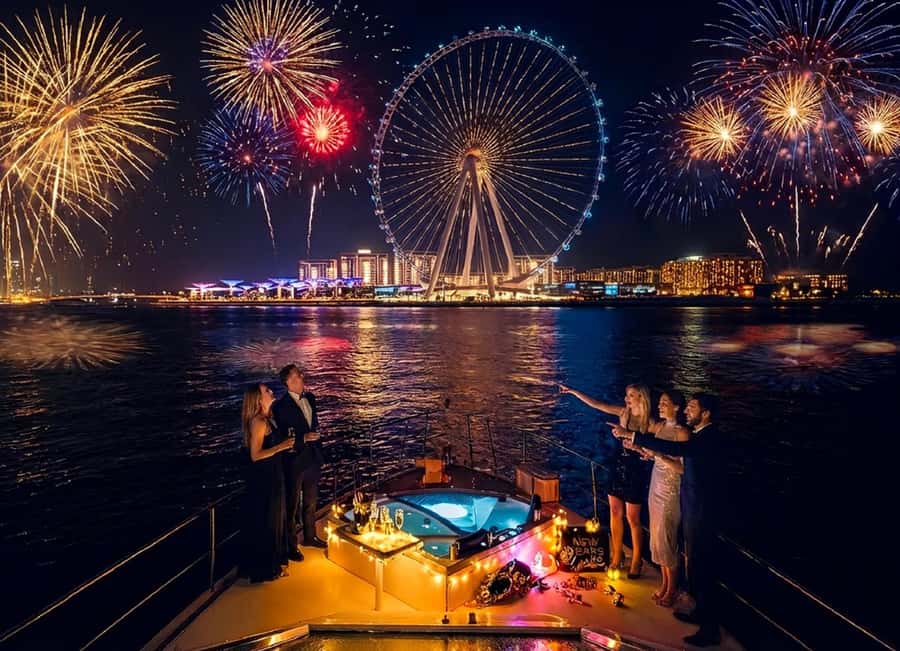 Dubai: New Year Eve Luxury Yacht Fireworks View & BBQ Cruise - Photo stops that frame your skyline time: Ain Dubai, JBR, Atlantis, Burj Al Arab