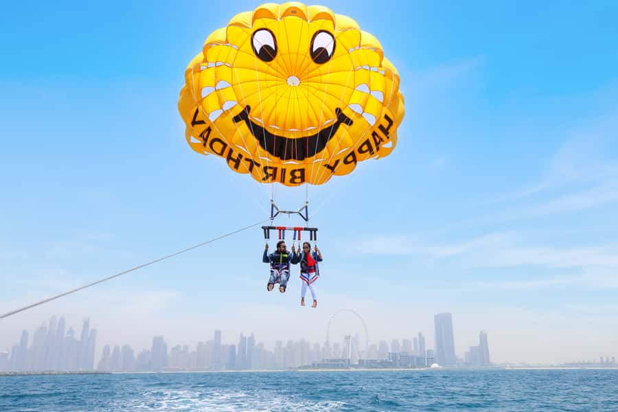 Dubai: Parasailing with Happy birthday Parachute JBR & Palm - The views that matter most: JBR, Marina, Palm, Dubai Eye