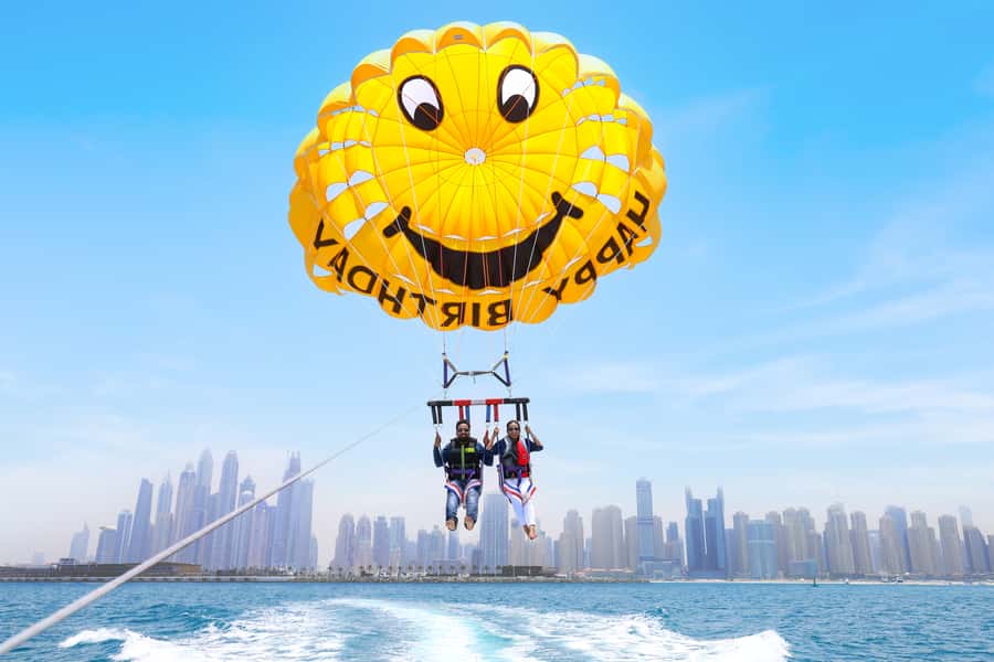 Dubai: Parasailing with Happy birthday Parachute JBR & Palm - The custom Happy Birthday parachute: how the surprise changes the vibe