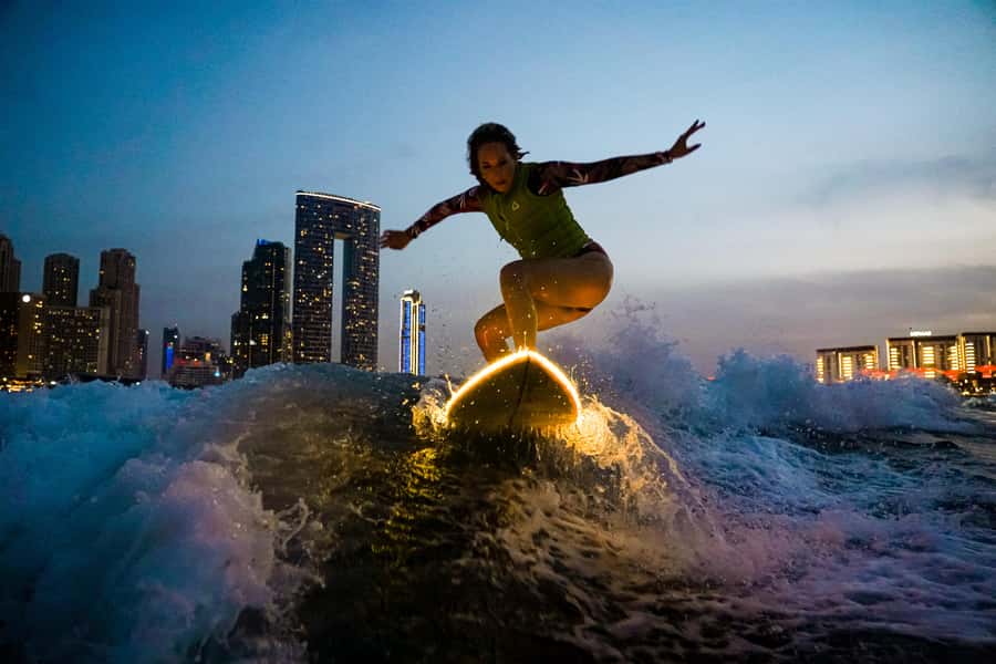 Dubai wakesurfing & wakeboarding: Snacks & drinks included! - Boards and instruction: assistant coaching, LED gear at sunset, and when you pay extra