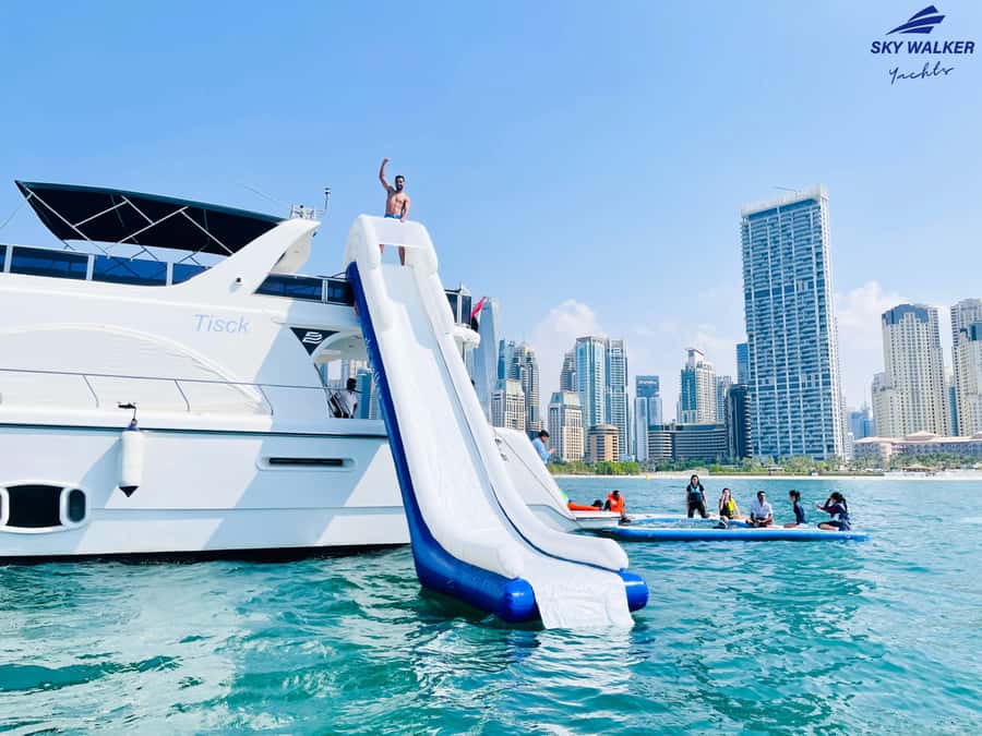 Dubai: Yacht Cruise with Swimming, Snorkeling and BBQ Lunch - JBR Beach Anchoring: Inflatables, Sea Loungers, and the On-Water Play Zone