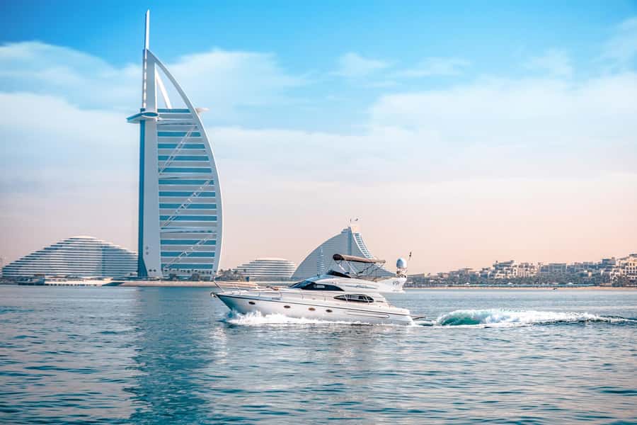 Dubai Yacht Tour - Boat Trip upto 12 guests Private event - Atlantis and Burj Al Arab: the two icons that change with sunset